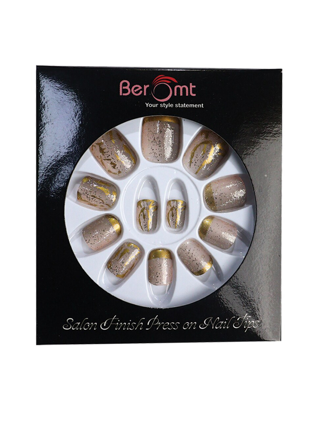 

BEROMT 12 Pcs Long-Lasting Reusable Lightweight Salon Finish Press on Nail Tips- Shade 220, Gold