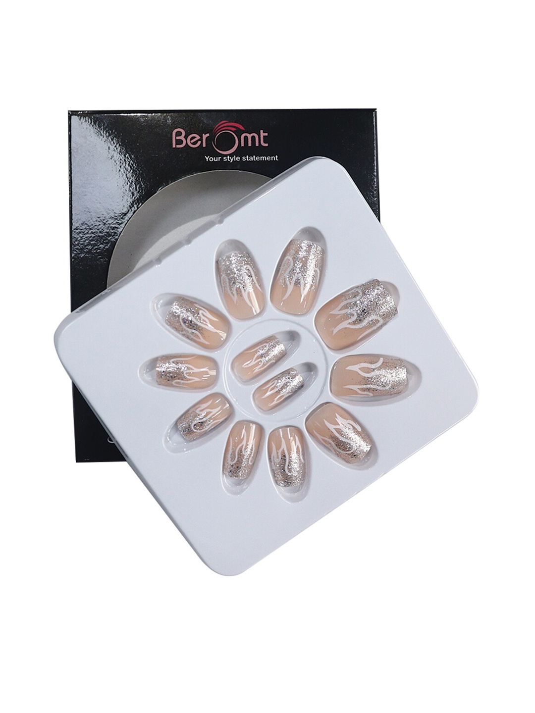 

BEROMT 12 Pcs Long-Lasting Reusable Lightweight Salon Finish Press on Nail Tips- Shade 251, Silver