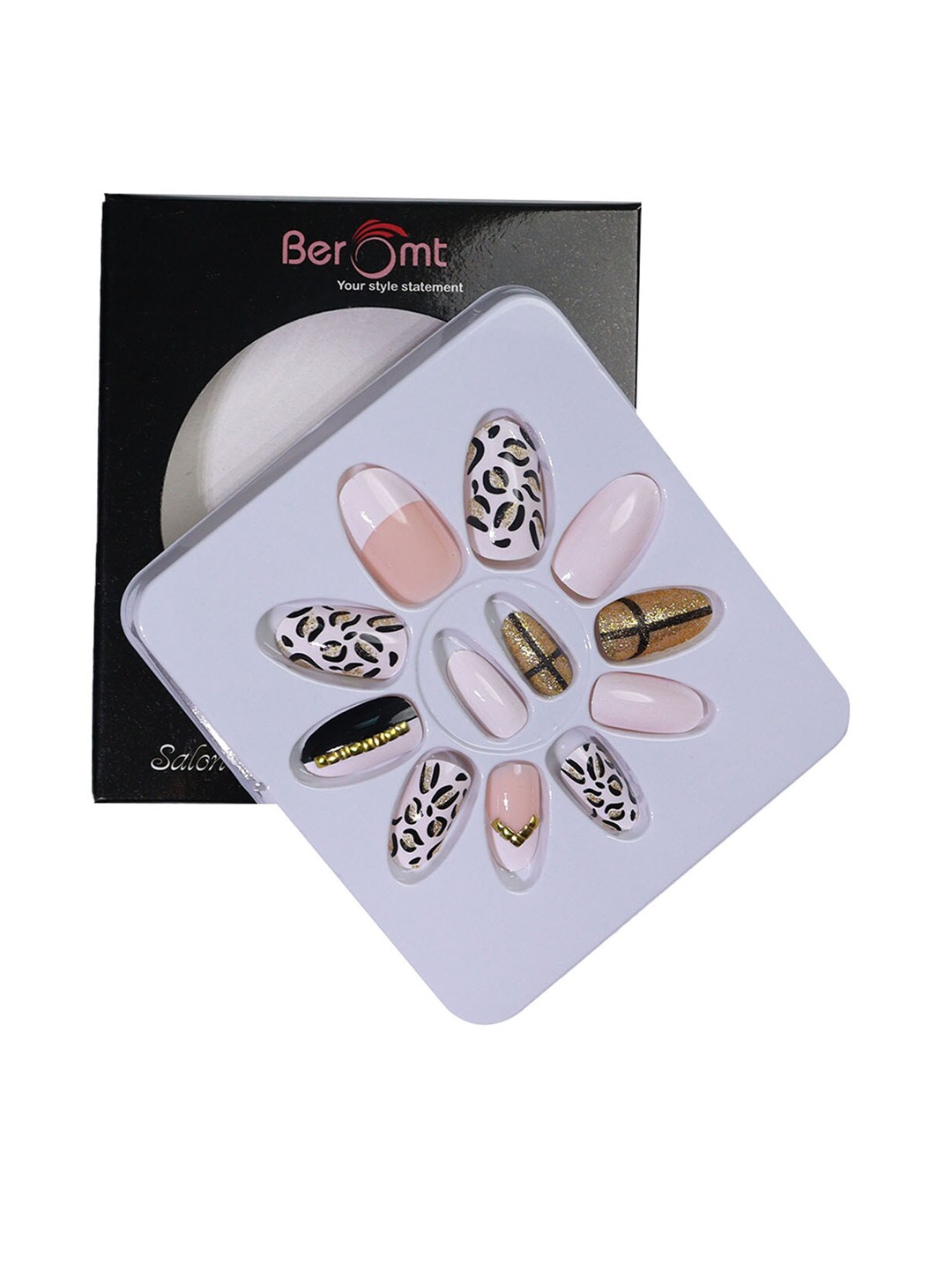 

BEROMT 12 Pcs Long-Lasting Reusable Lightweight Salon Finish Press on Nail Tips- Shade 195, Multi