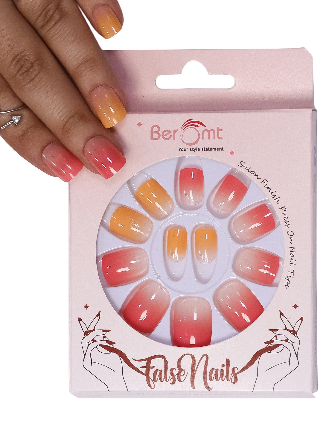 

BEROMT 12 Pcs Long-Lasting Reusable Lightweight Salon Finish Press on Nail Tips- Shade 166, Pink