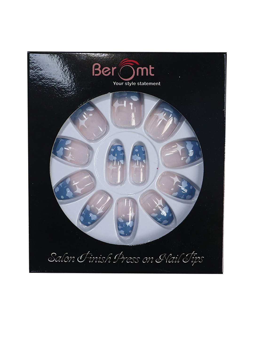 

BEROMT 12 Pcs Long-Lasting Reusable Lightweight Salon Finish Press on Nail Tips- Shade 253, Blue