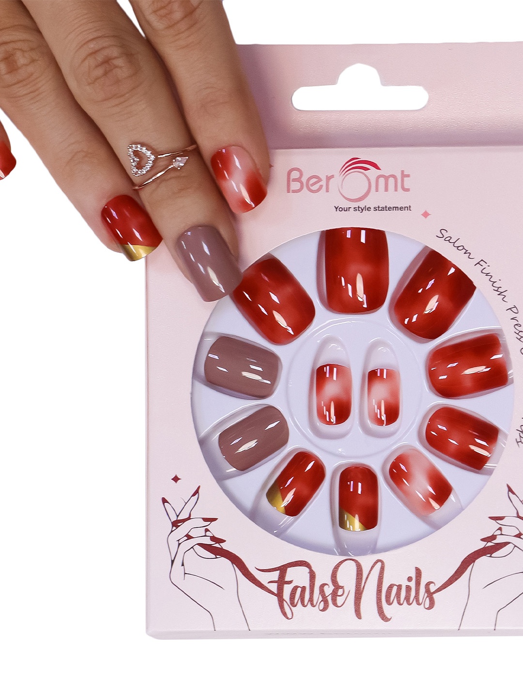 

BEROMT 12 Pcs Long-Lasting Reusable Lightweight Salon Finish Press on Nail Tips- Shade 187, Red