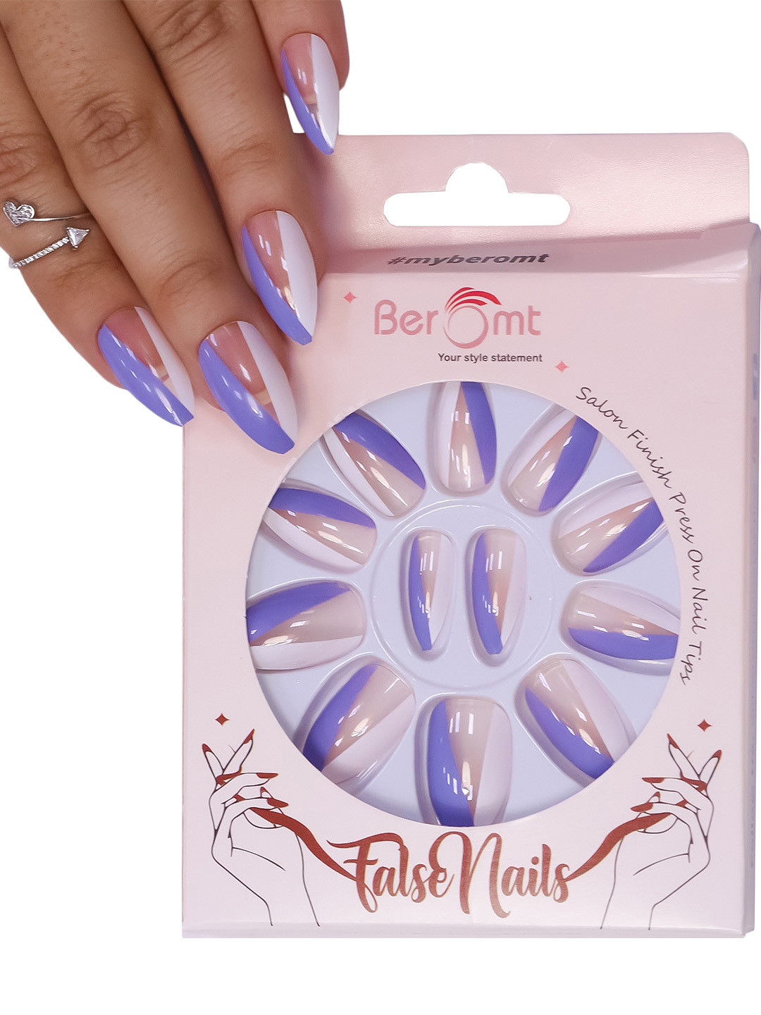 

BEROMT 12 Pcs Long-Lasting Reusable Lightweight Salon Finish Press on Nail Tips- Shade 182, Silver