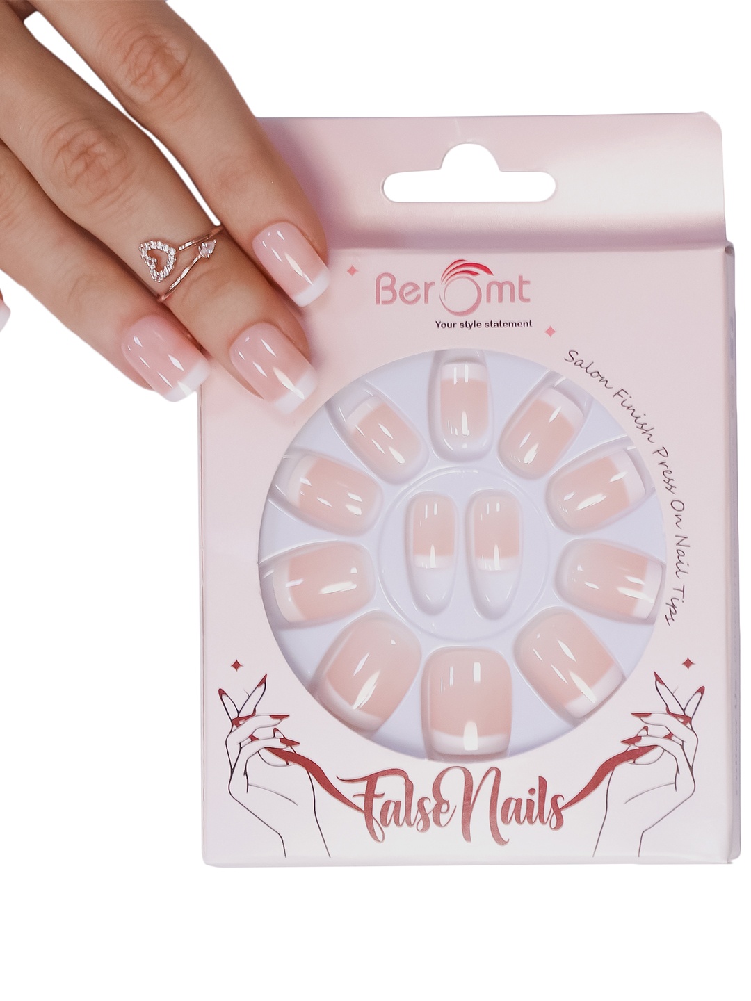 

BEROMT 12 Pcs Long-Lasting Reusable Lightweight Salon Finish Press on Nail Tips- Shade 133, Pink