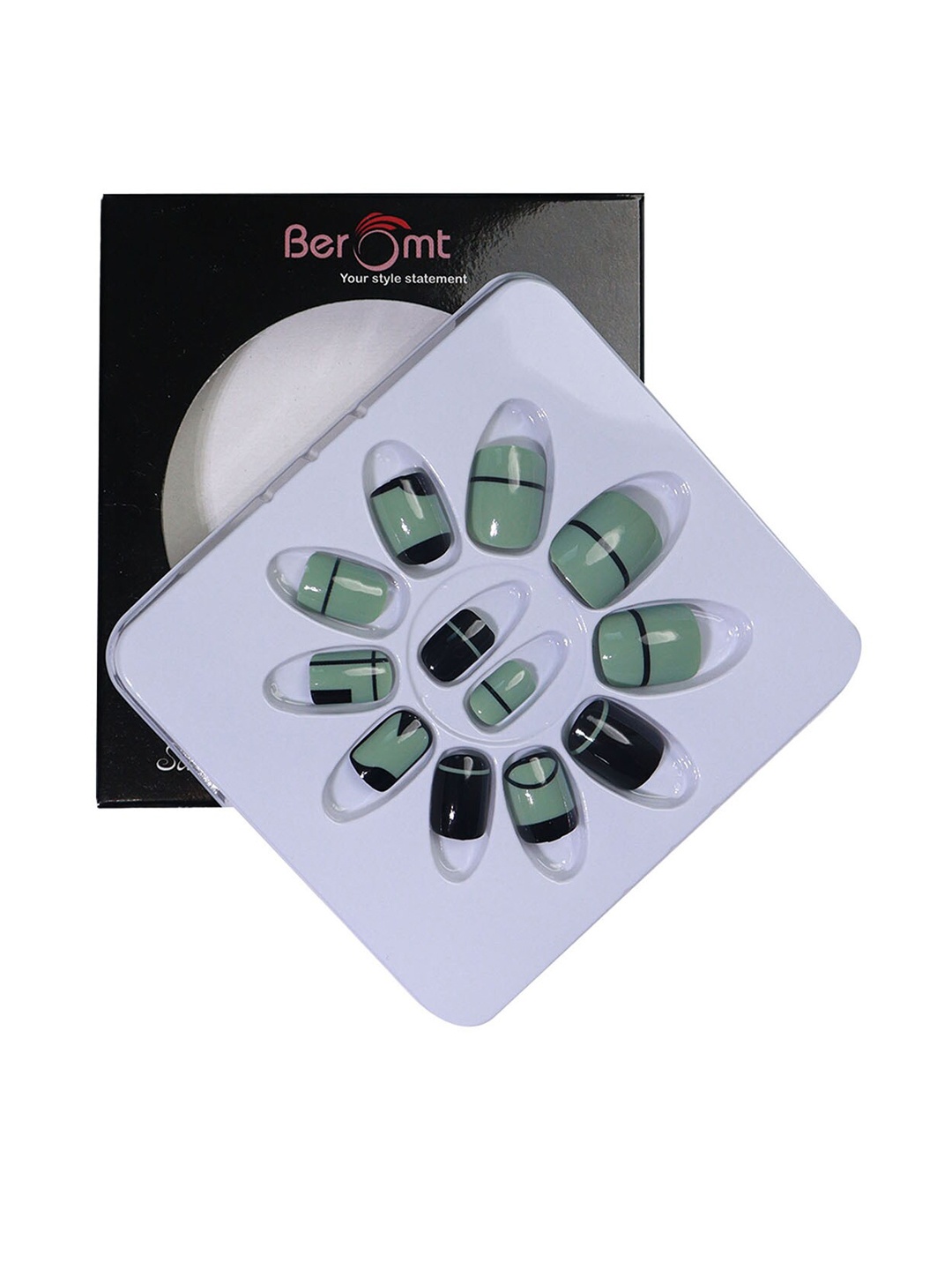 

BEROMT 12 Pcs Long-Lasting Reusable Lightweight Salon Finish Press on Nail Tips- Shade 206, Olive