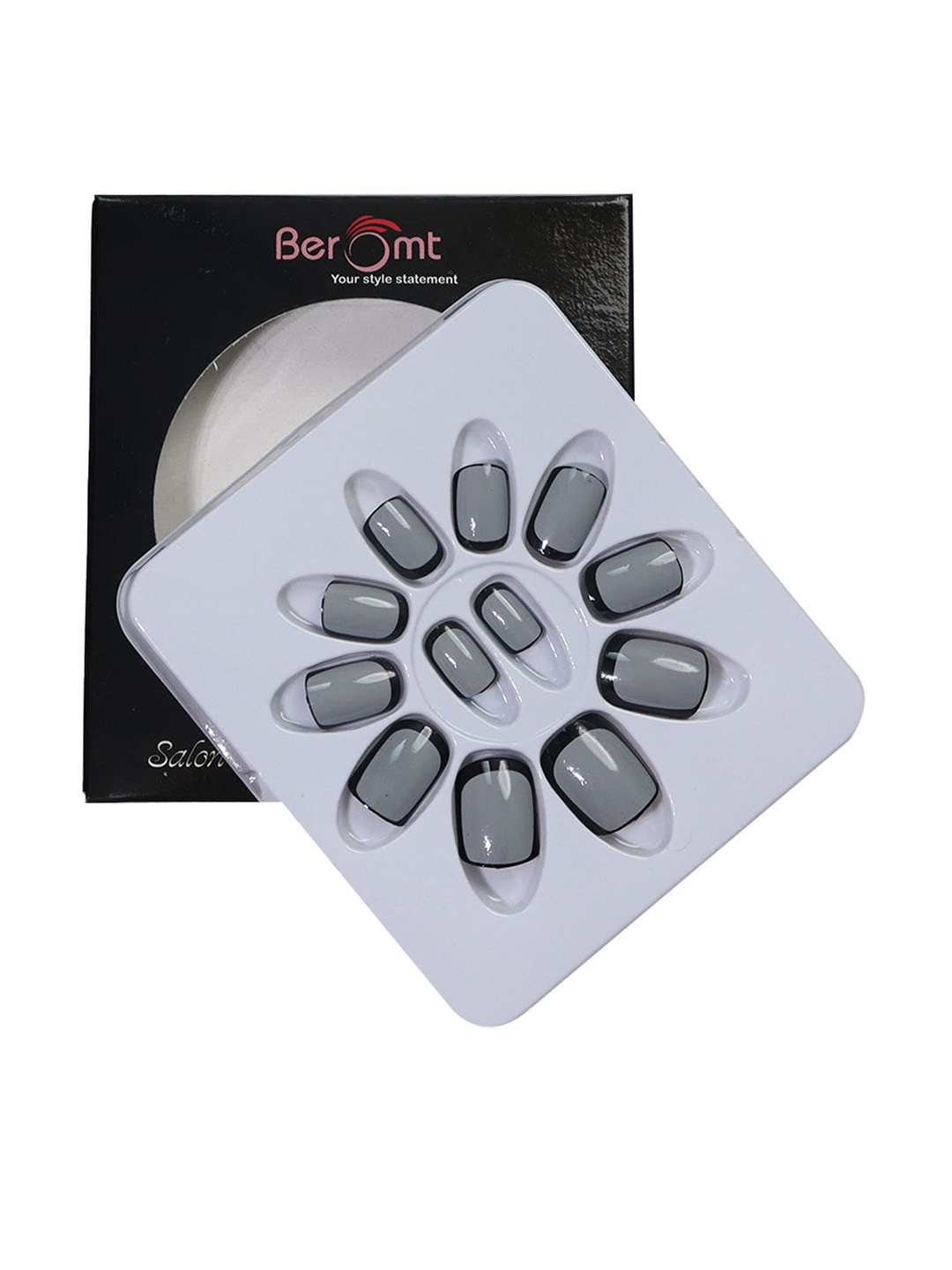 

BEROMT 12 Pcs Long-Lasting Reusable Lightweight Salon Finish Press on Nail Tips- Shade 215, Grey