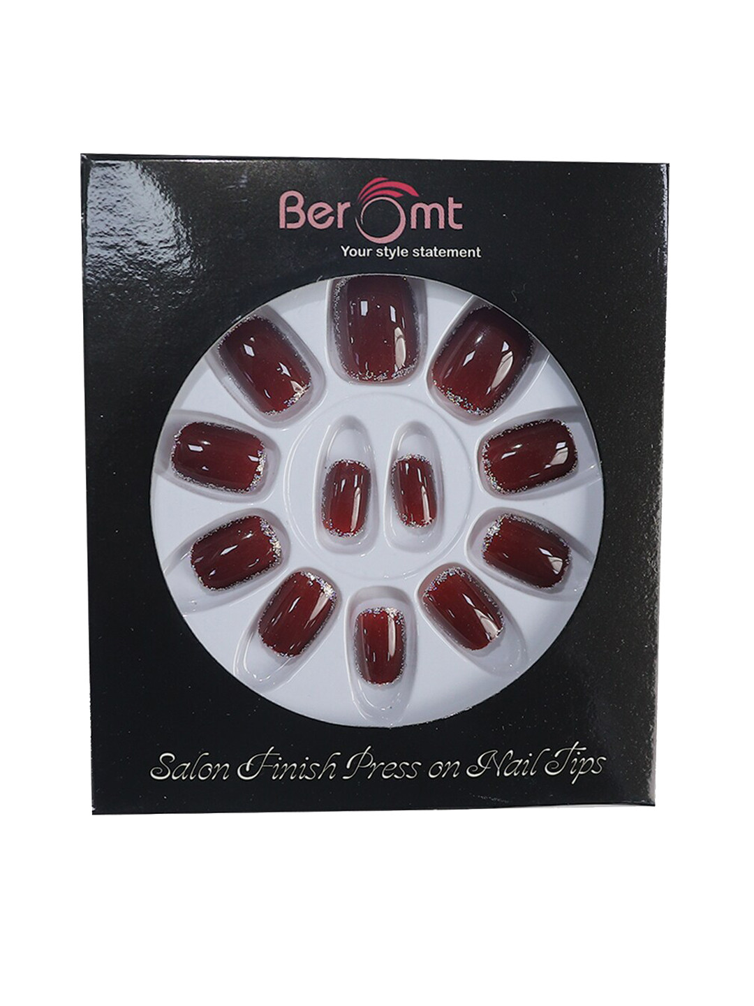 

BEROMT 12 Pcs Long-Lasting Reusable Lightweight Salon Finish Press on Nail Tips- Shade 244, Maroon