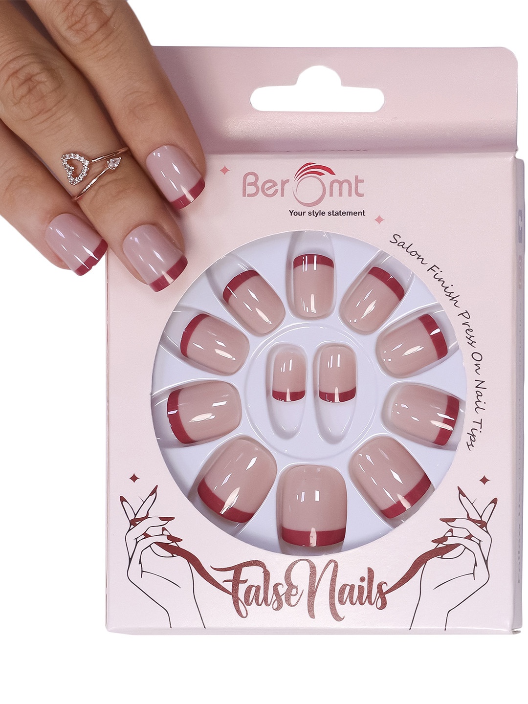

BEROMT 12 Pcs Long-Lasting Reusable Lightweight Salon Finish Press on Nail Tips- Shade 117, Pink