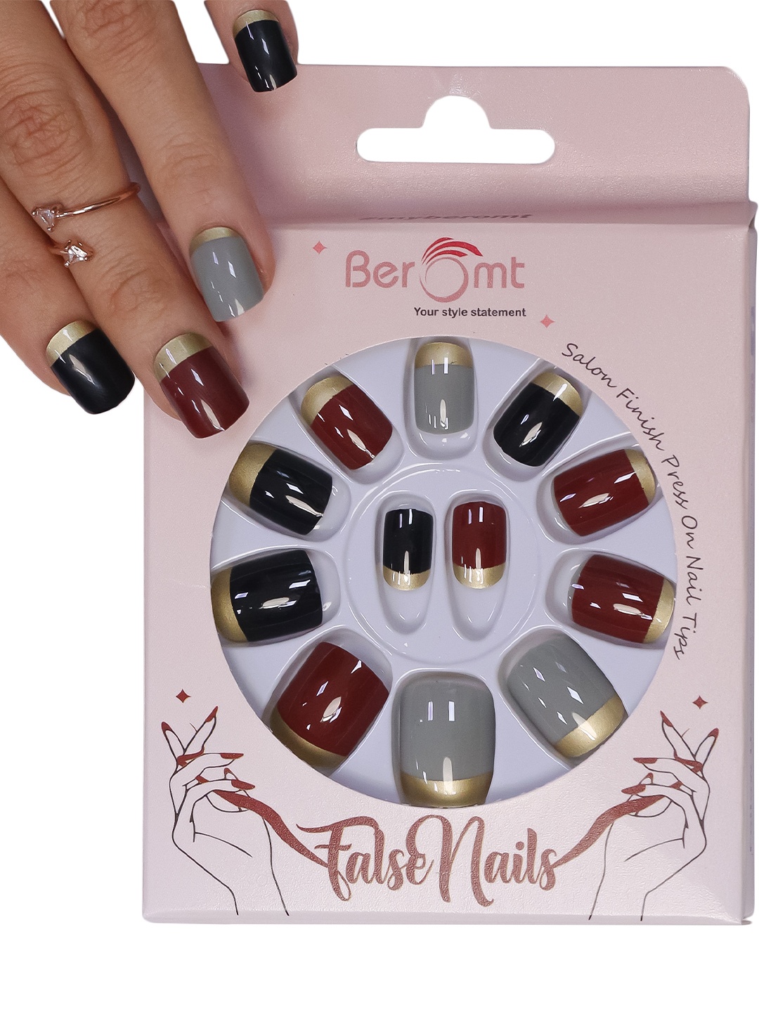 

BEROMT 12 Pcs Long-Lasting Reusable Lightweight Salon Finish Press on Nail Tips - 254, Multi