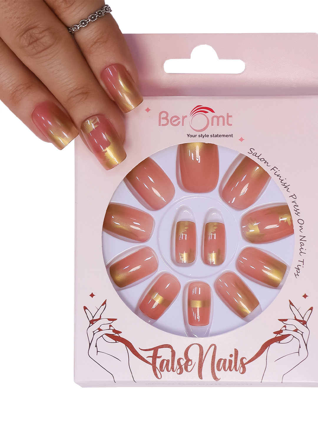 

BEROMT 12 Pcs Long-Lasting Reusable Lightweight Salon Finish Press on Nail Tips- Shade 207, Pink