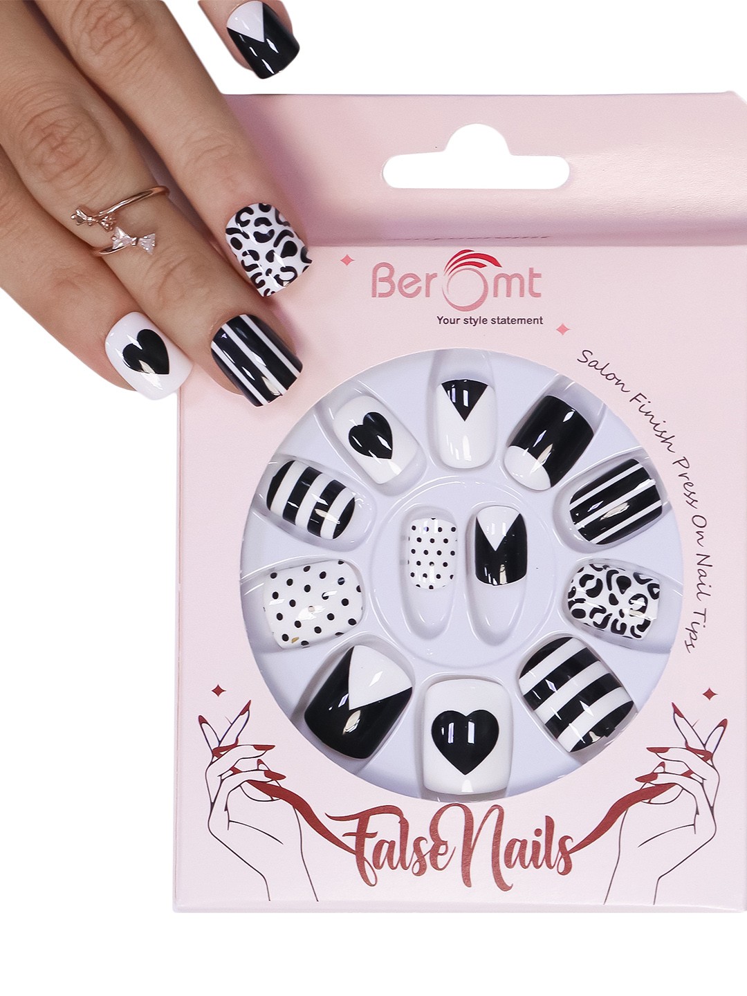 

BEROMT 12 Pcs Long-Lasting Reusable Lightweight Salon Finish Press on Nail Tips- Shade 211, Black