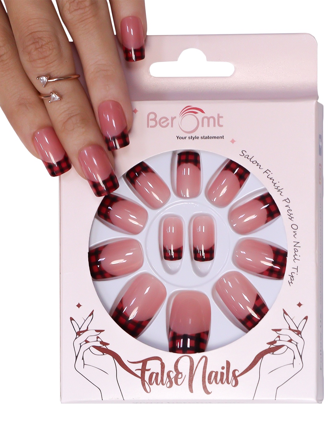 

BEROMT 12 Pcs Long-Lasting Reusable Lightweight Salon Finish Press on Nail Tips- Shade 233, Pink