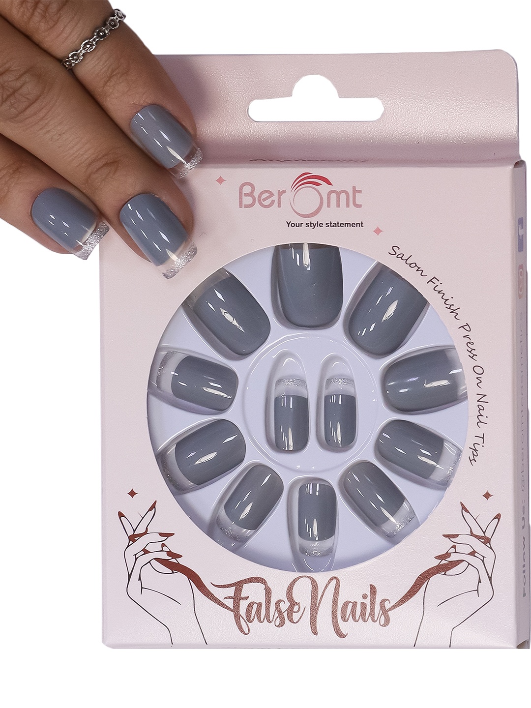 

BEROMT 12 Pcs Long-Lasting Reusable Lightweight Salon Finish Press on Nail Tips- Shade 236, Grey