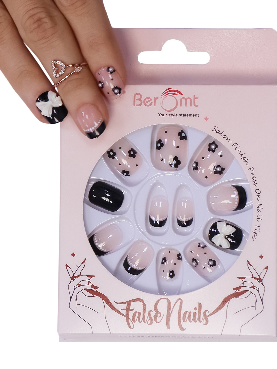 

BEROMT 12 Pcs Long-Lasting Reusable Lightweight Salon Finish Press on Nail Tips- Shade 191, Black