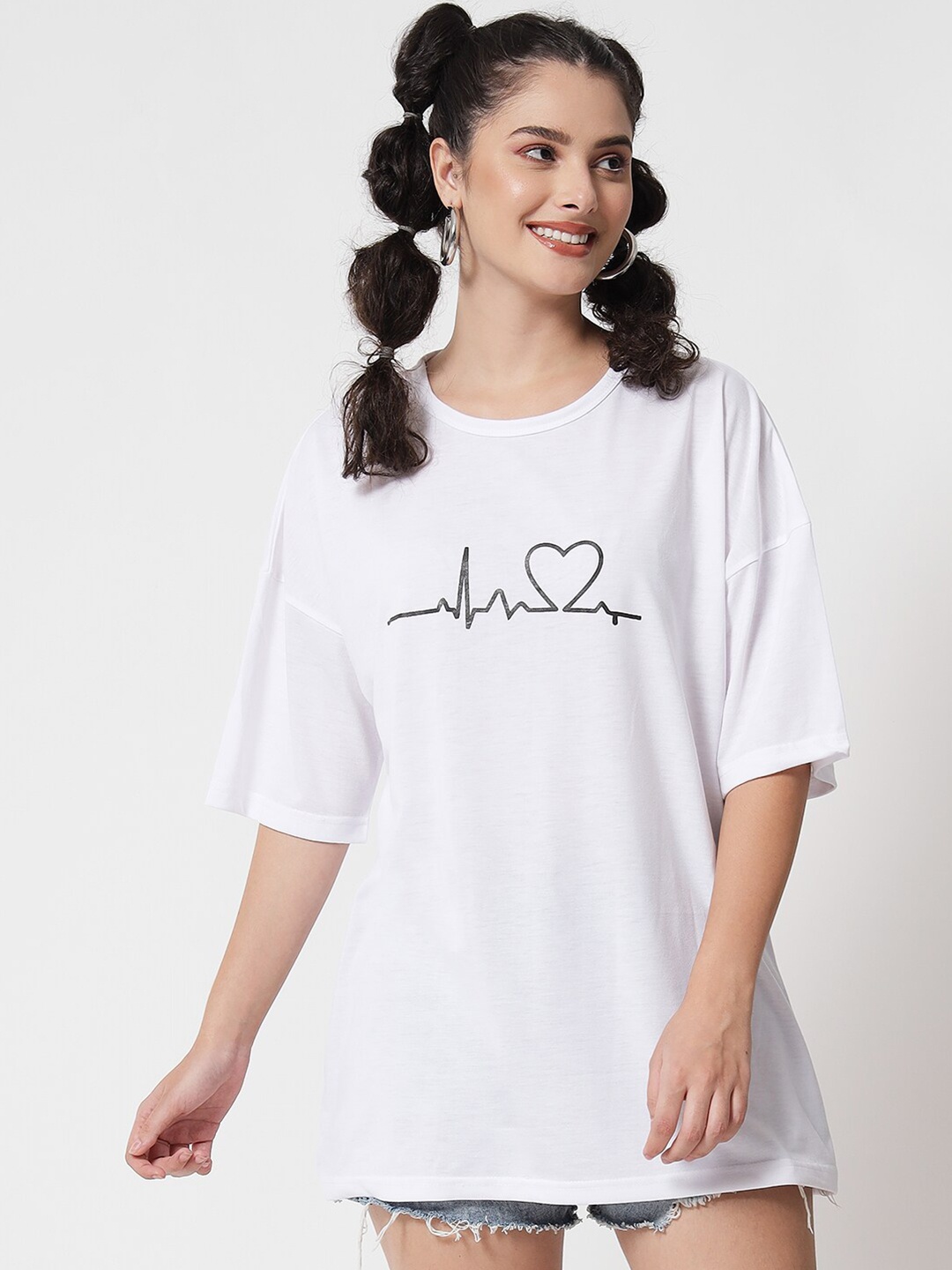 

Kotty Women White Typography Printed Drop-Shoulder Sleeves Oversized T-shirt