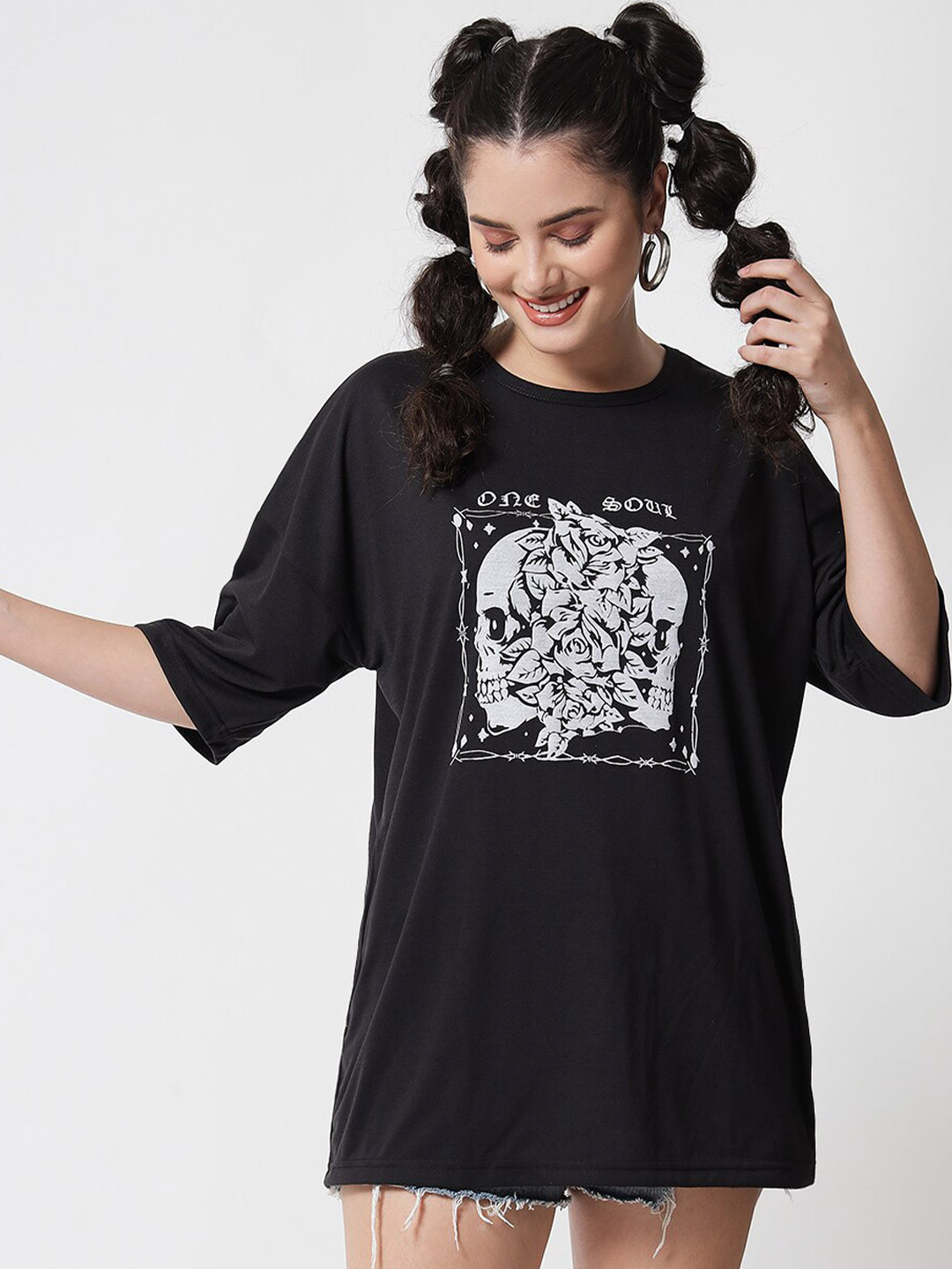 

Kotty Women Black Printed Oversized T-shirt