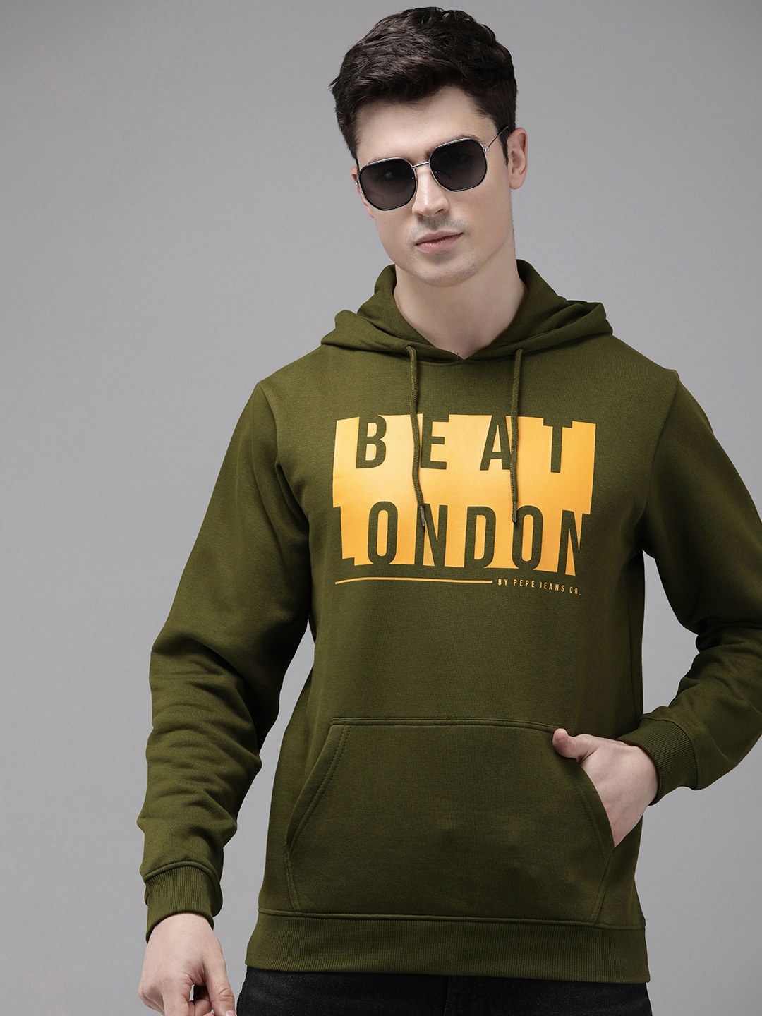 BEAT LONDON by PEPE JEANS Brand Logo Printed Hooded Sweatshirt, Olive