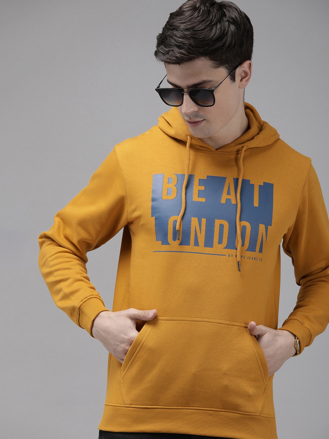 

BEAT LONDON by PEPE JEANS Brand Logo Printed Hooded Sweatshirt, Mustard