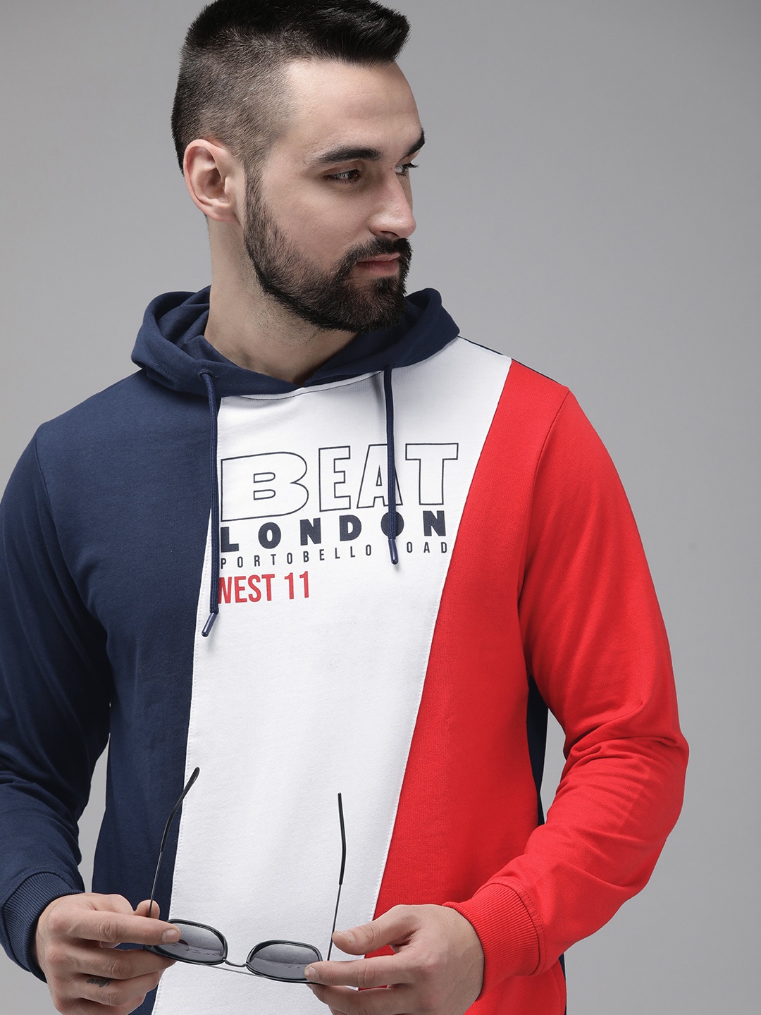 

BEAT LONDON by PEPE JEANS Pure Cotton Colourblocked Hooded Sweatshirt, Navy blue