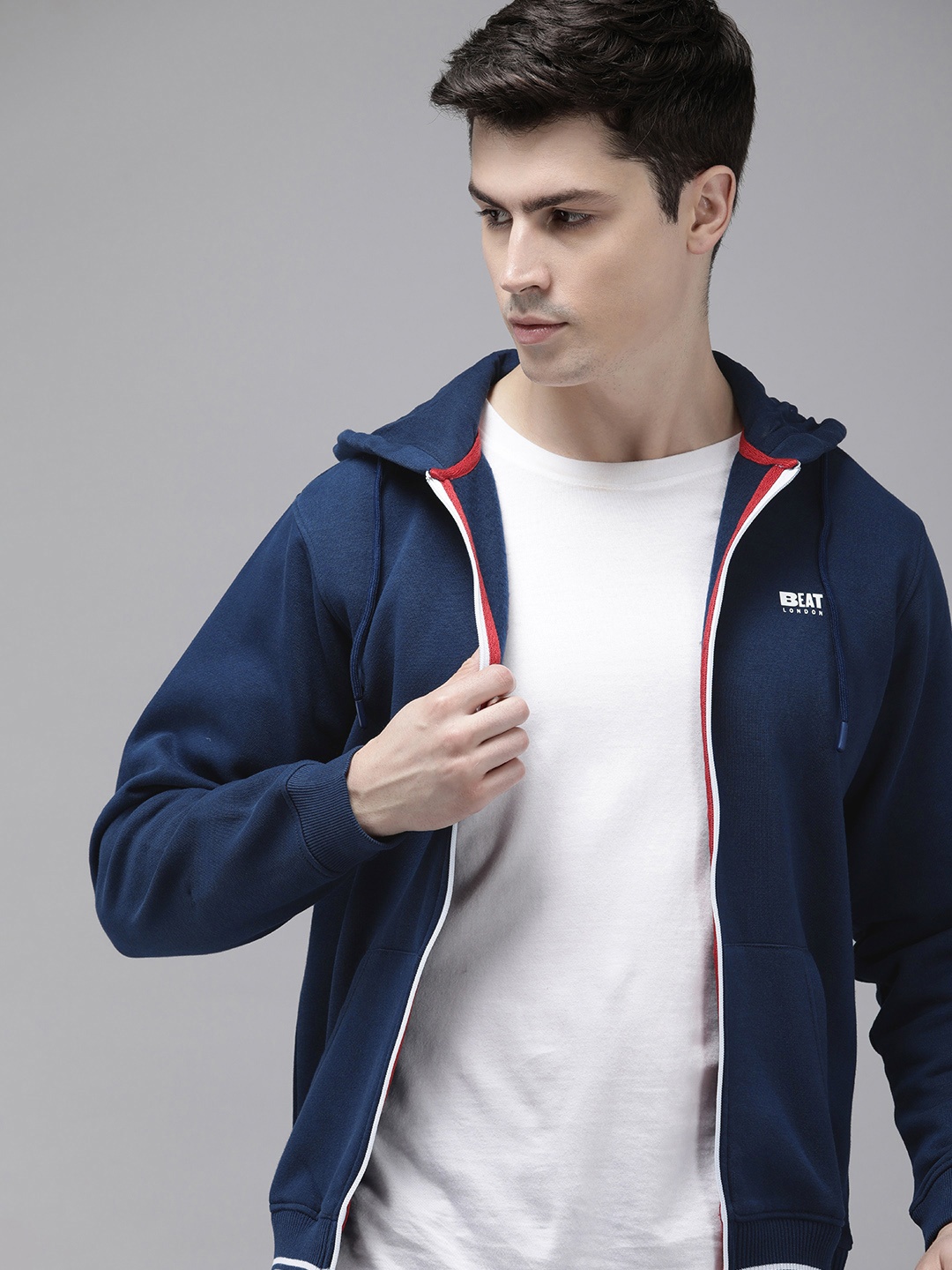BEAT LONDON by PEPE JEANS Brand Logo Printed Front-Open Hooded Sweatshirt, Navy blue