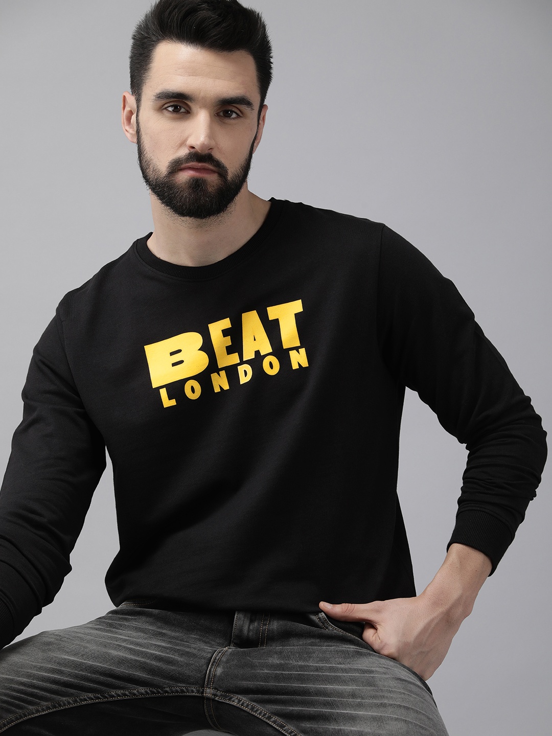 

BEAT LONDON by PEPE JEANS Men Black Printed Pure Cotton Pullover Sweatshirt