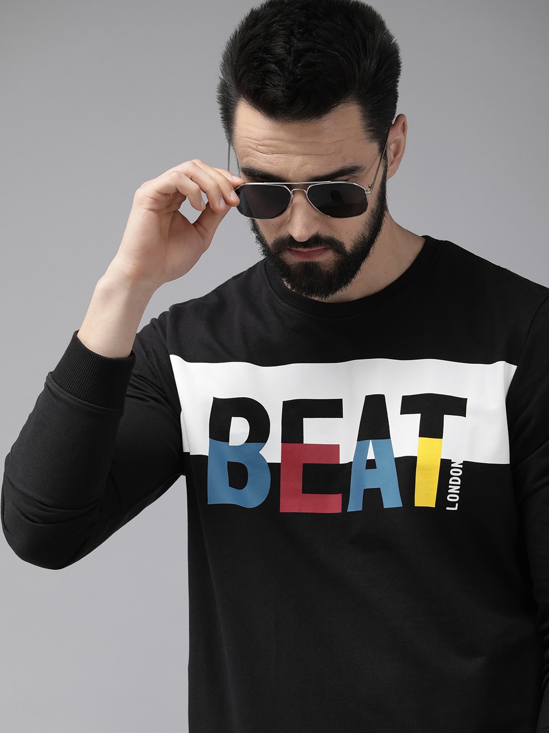 

BEAT LONDON by PEPE JEANS Men Black Printed Pure Cotton Pullover Sweatshirt
