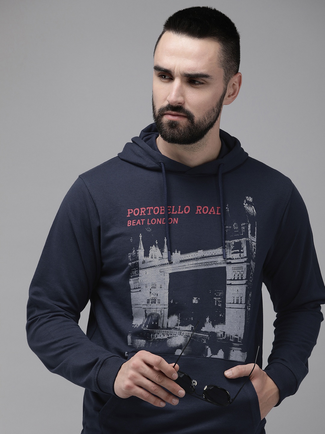 

BEAT LONDON by PEPE JEANS Pure Cotton Graphic Printed Hooded Sweatshirt, Navy blue
