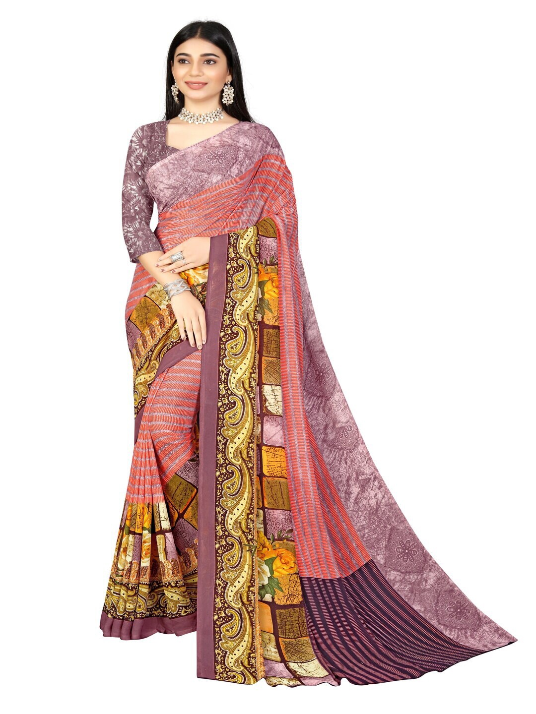 

Abhilasha Orange & Purple Floral Saree