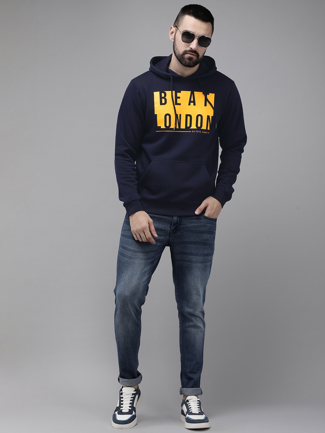 

BEAT LONDON by PEPE JEANS Brand Logo Printed Hooded Sweatshirt, Navy blue