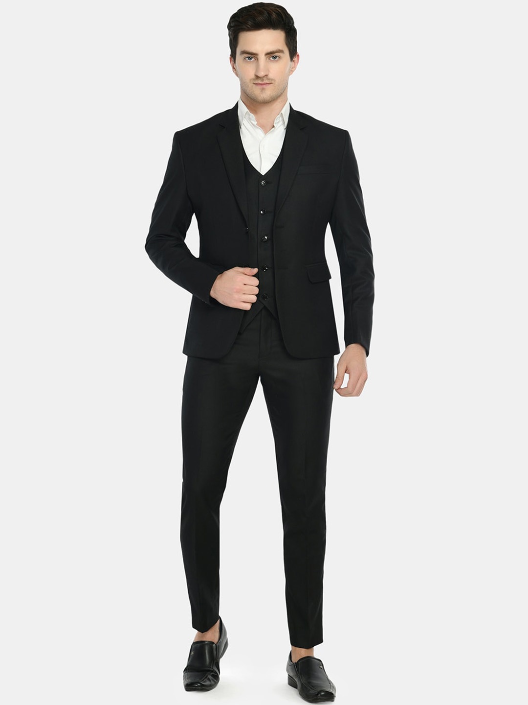 

TrulyFeb Men Black Self-Design Slim-Fit Single-Breasted Three-Piece Formal Suit