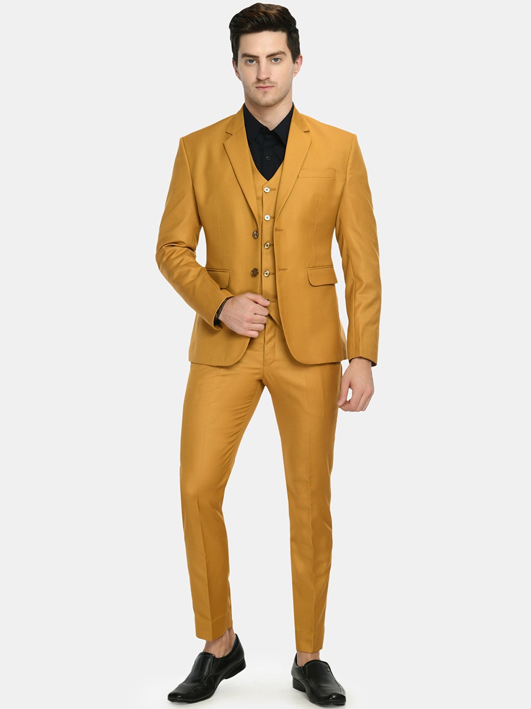 

TrulyFeb Men Yellow Self-Design Slim Fit Formal Suits