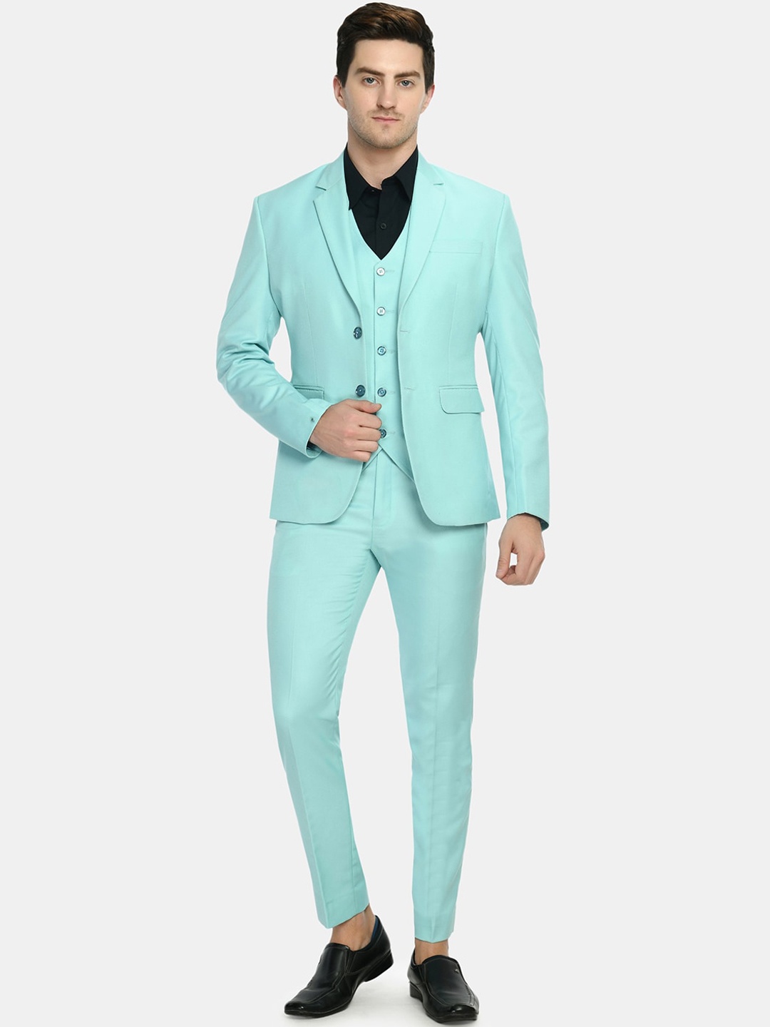 

TrulyFeb Men Sea Green Self-Design Single-Breasted Slim-Fit Three-Piece Suit