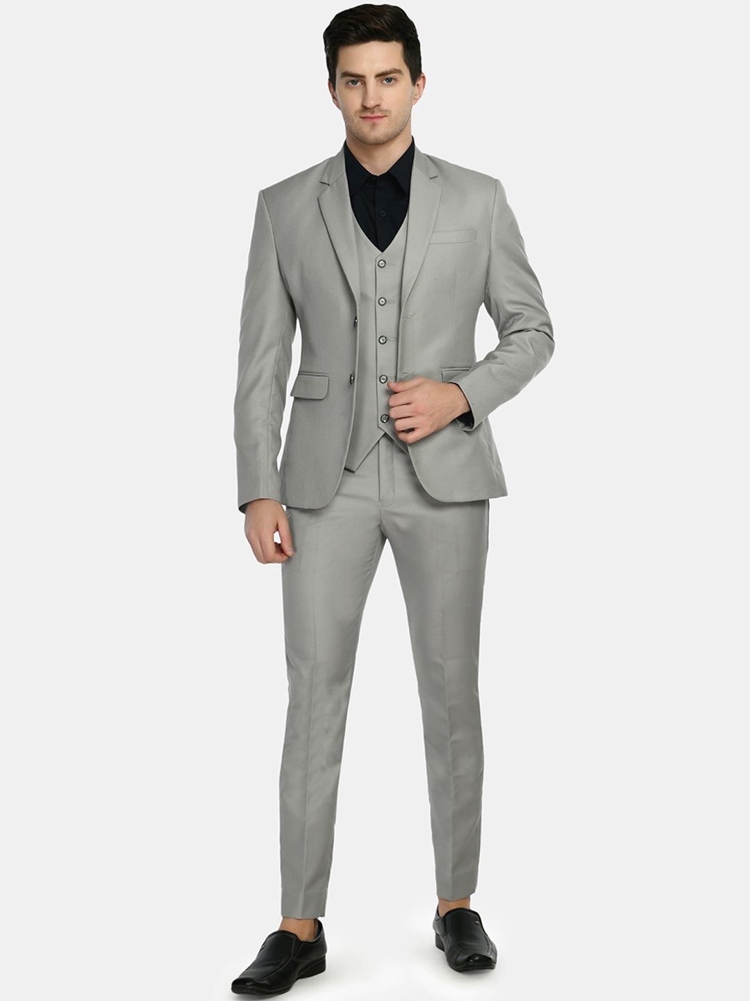 

TrulyFeb Men Grey Self design Single Breasted Slim Fit 3 Piece Suits