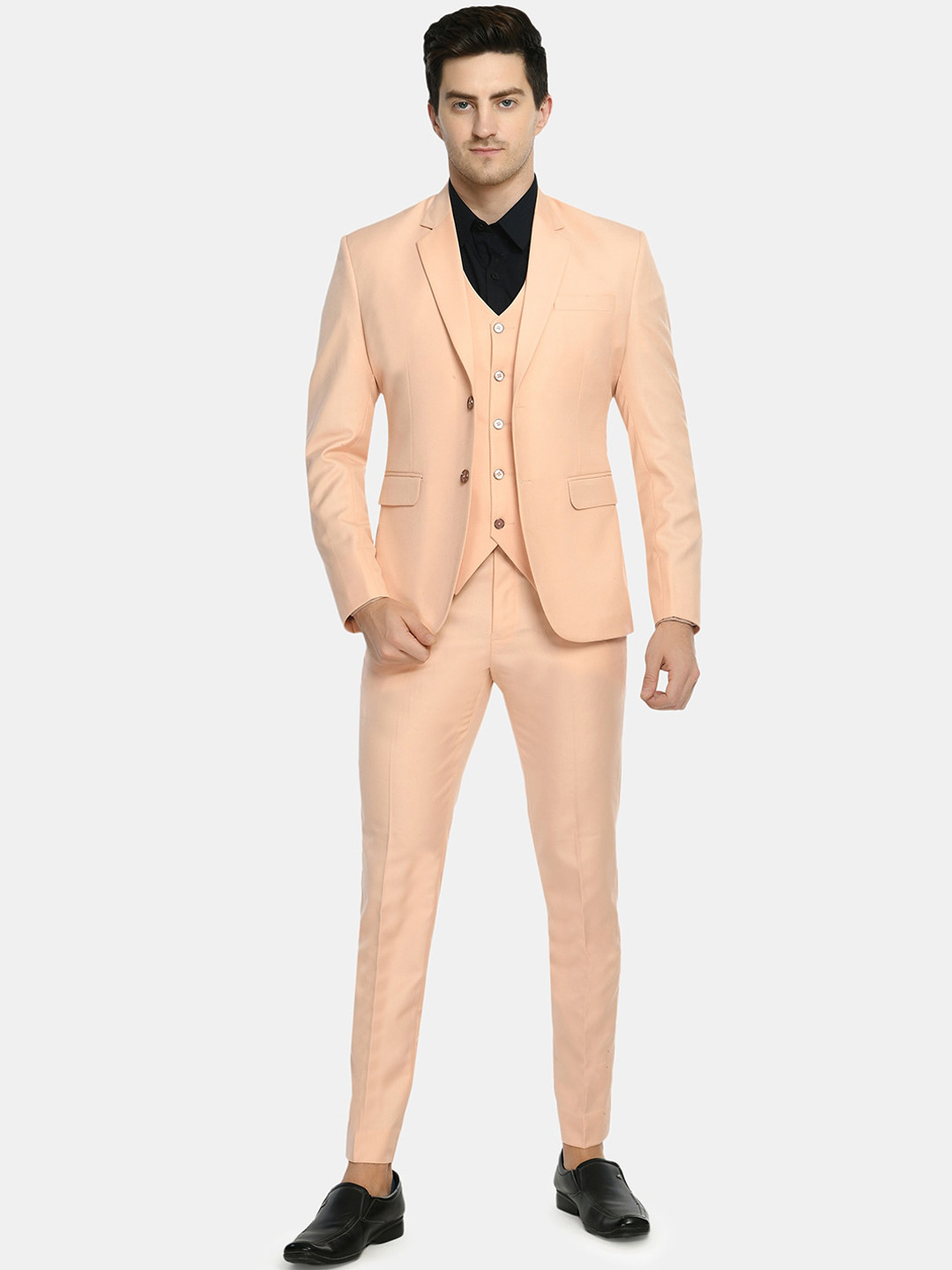 

TrulyFeb Men Peach-Coloured Self-Design Single-Breasted Slim-Fit Three-Piece Suit