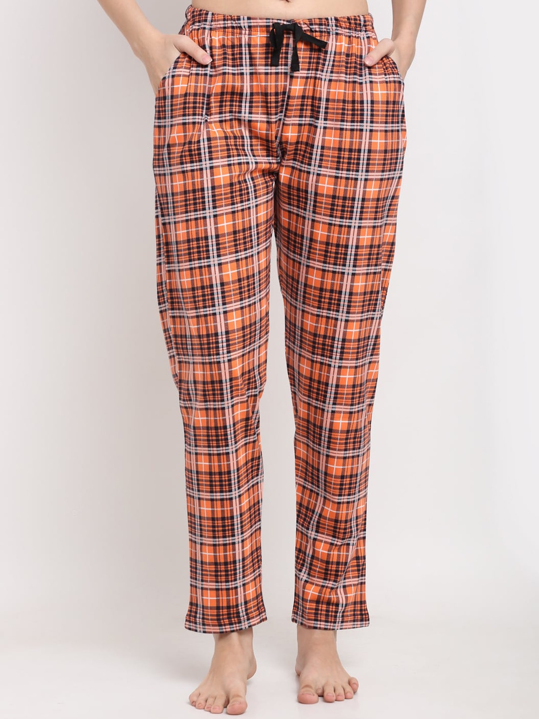 

Kanvin Women Orange & Black Checked Pure Cotton Lounge Pants