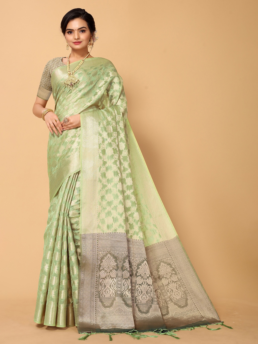 

all about you Green & Grey Woven Design Zari Organza Fusion Kanjeevaram Saree
