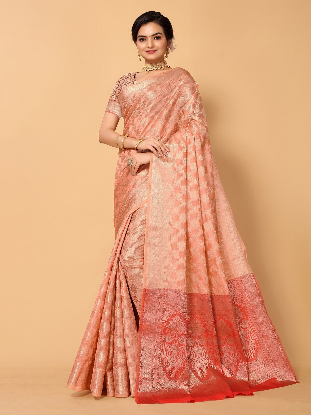 

all about you Peach-Coloured & Gold-Toned Woven Design Zari Organza Fusion Kanjeevaram Saree