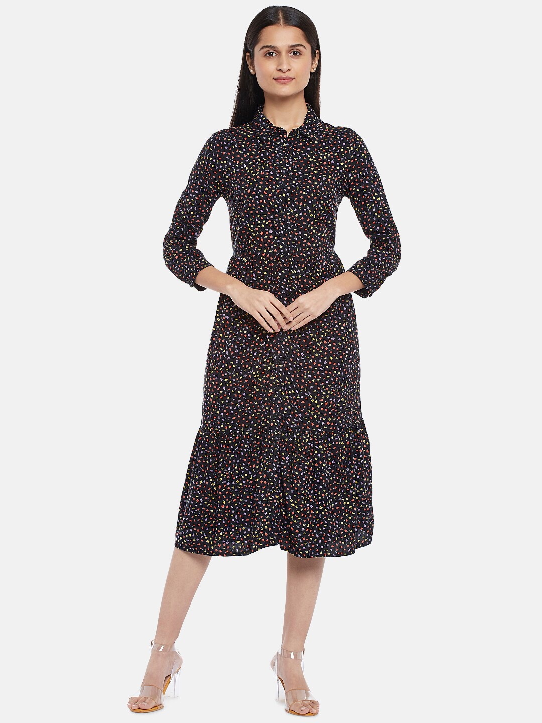 

Honey by Pantaloons Black Floral Shirt Midi Dress
