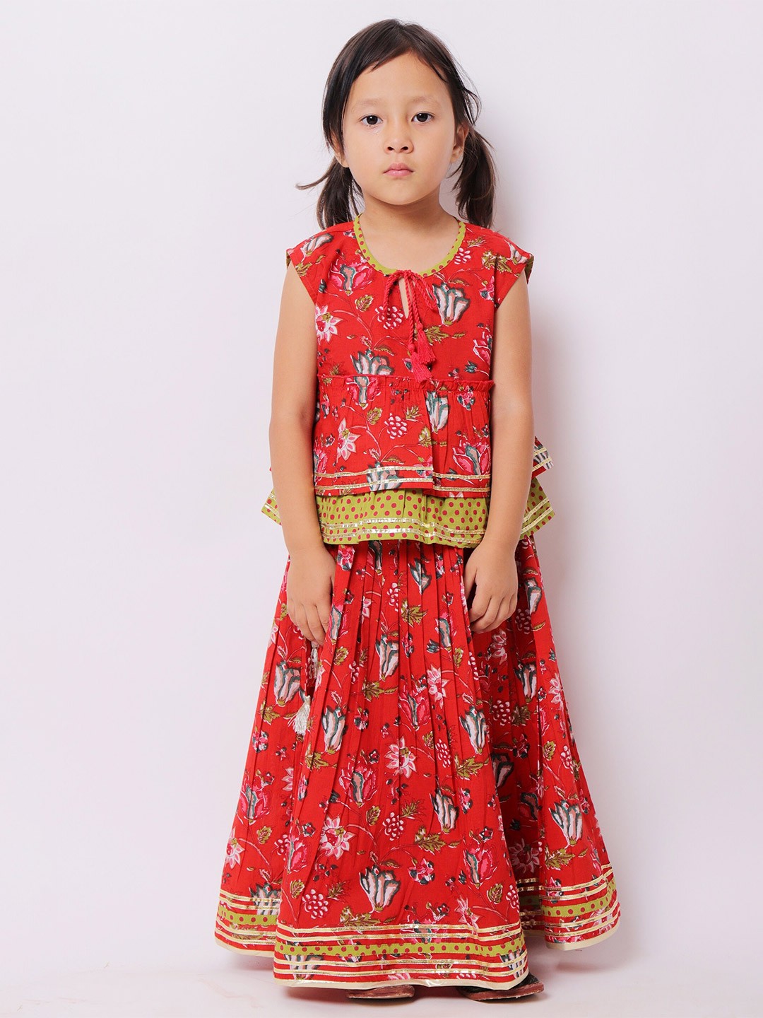

My Little Lambs Girls Red & Green Printed Block Print Ready to Wear Lehenga &