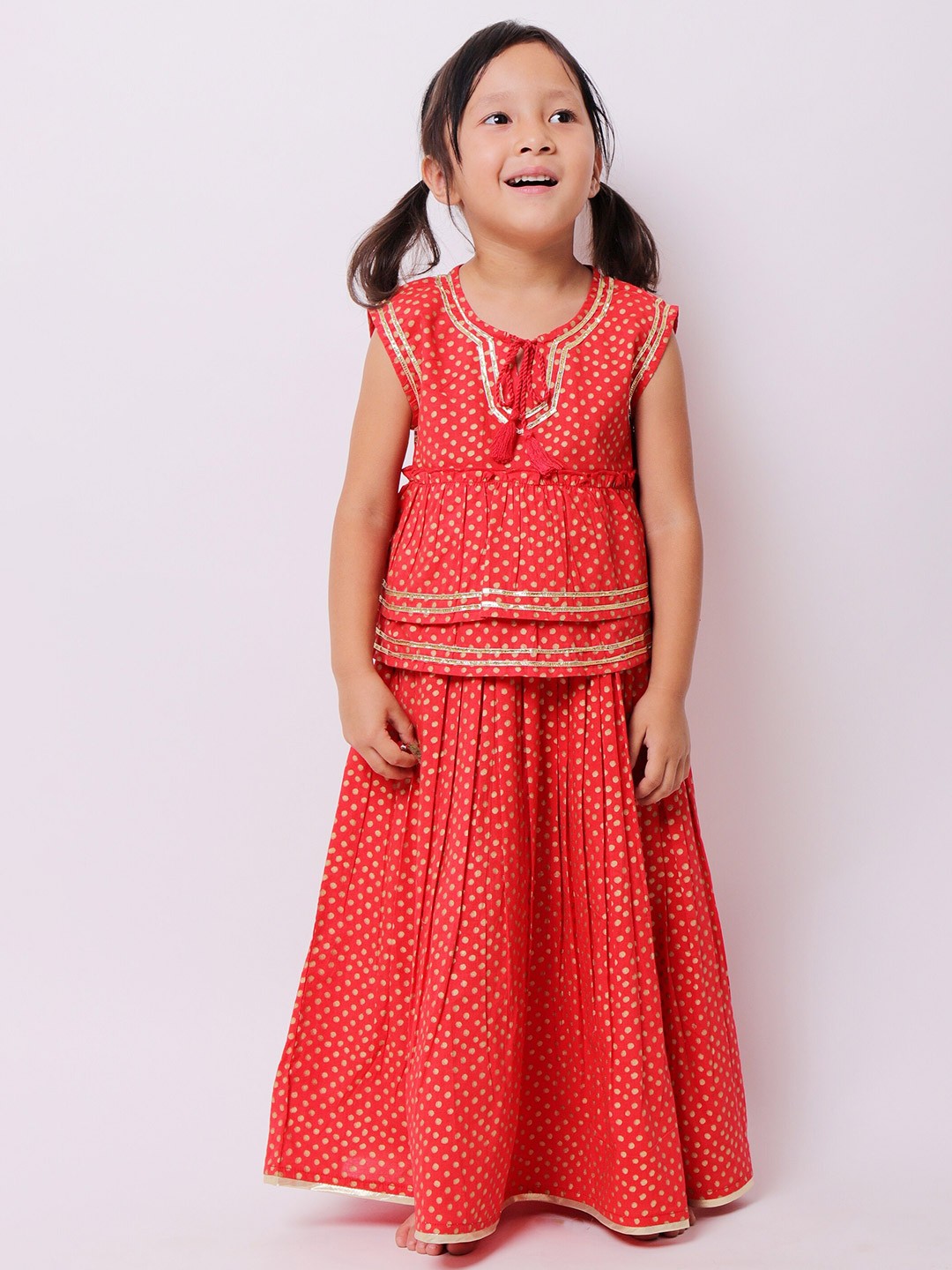 

My Little Lambs Girls Red & Gold-Toned Printed Block Print Ready to Wear Lehenga &