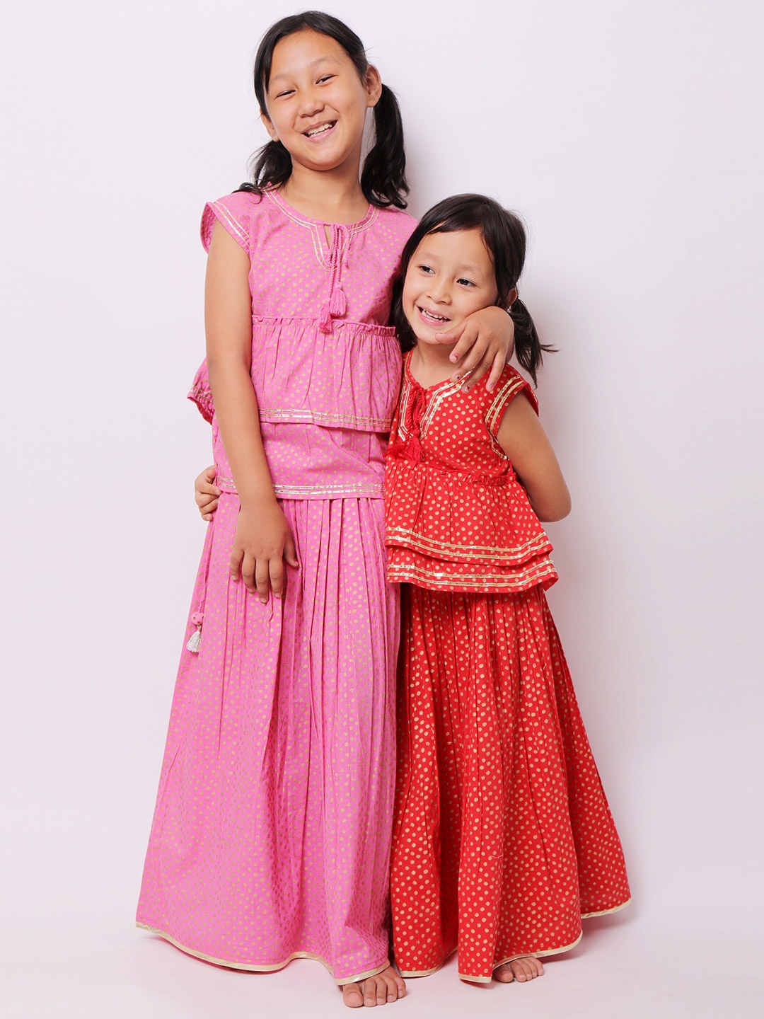 

My Little Lambs Girls Pink & Gold-Toned Printed Block Print Ready to Wear Lehenga &