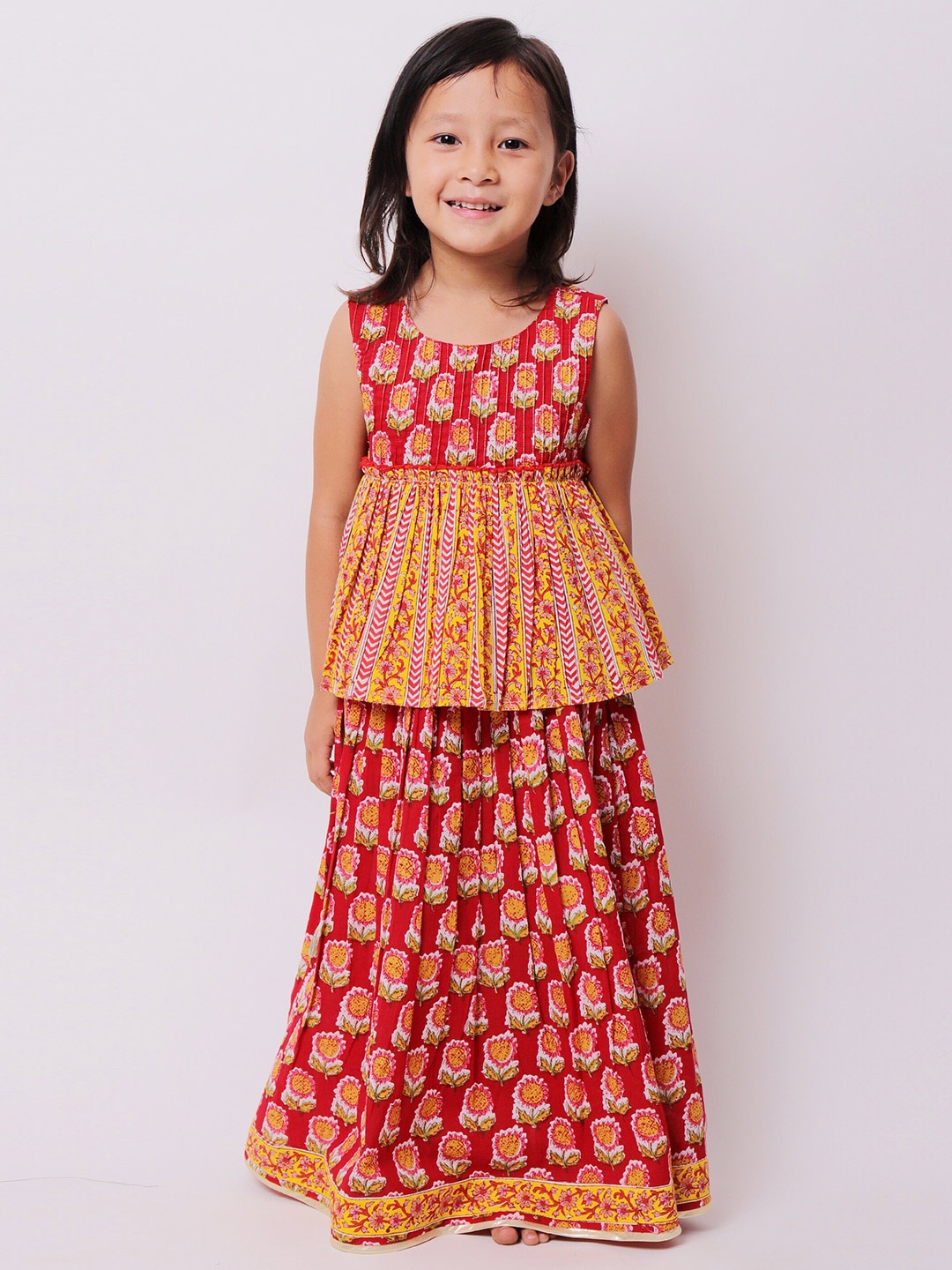 

My Little Lambs Girls Red & Yellow Printed Block Print Ready to Wear Lehenga &