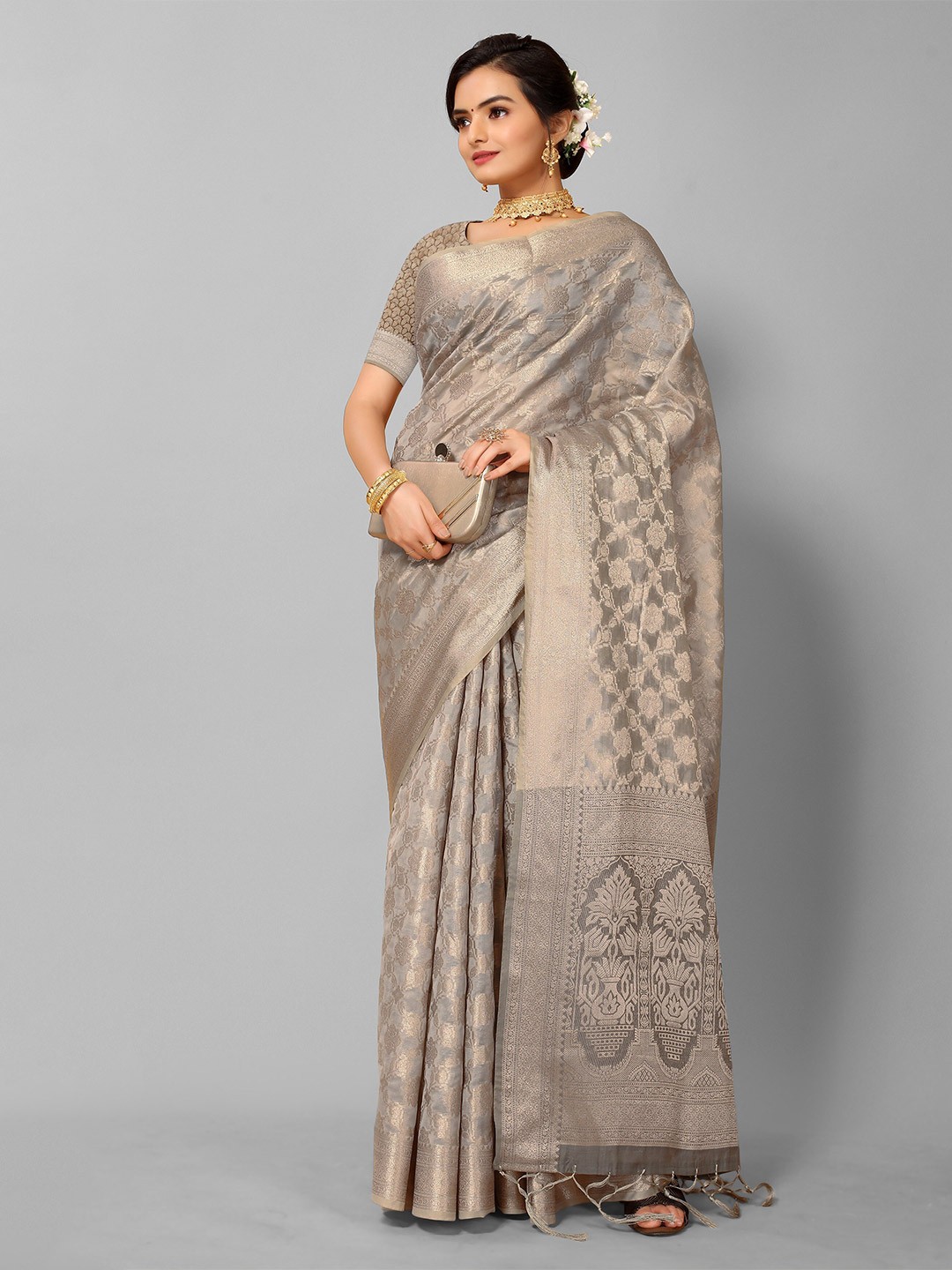 

Mitera Grey & Gold-Toned Woven Design Zari Organza Fusion Kanjeevaram Saree