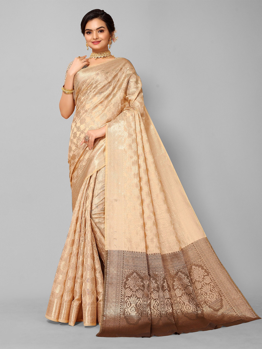 

Mitera Beige & Gold-Toned Woven Design Jaali Organza Kanjeevaram Saree