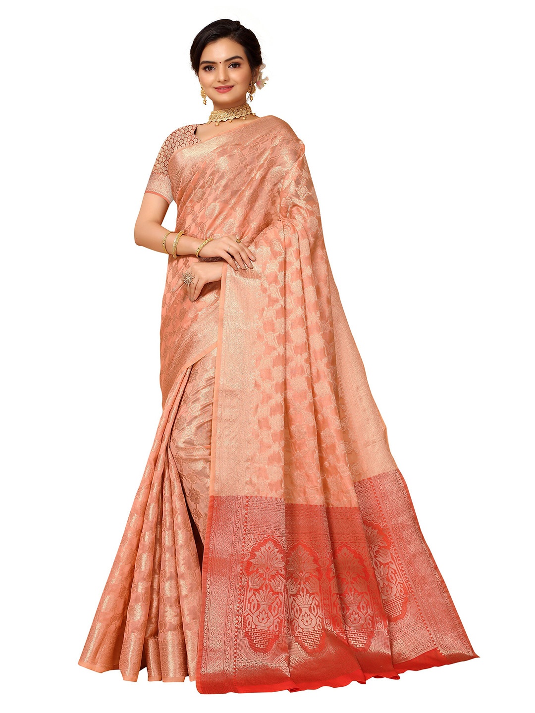 

Nimayaa Peach-Coloured & Gold-Toned Woven Design Jaali Organza Kanjeevaram Saree