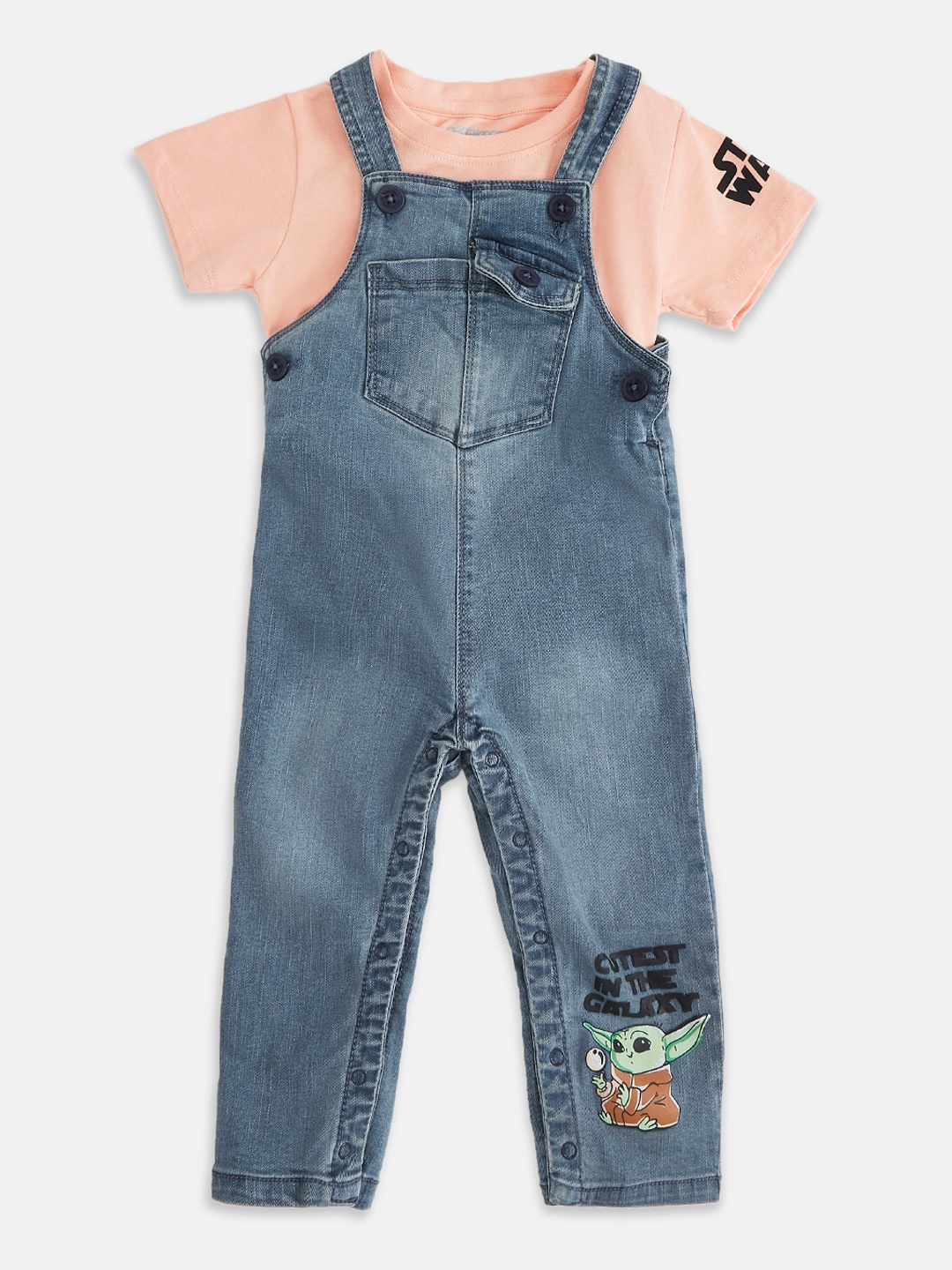 

Pantaloons Baby Boys Pink & Navy Blue Solid T-shirt with Dungaree