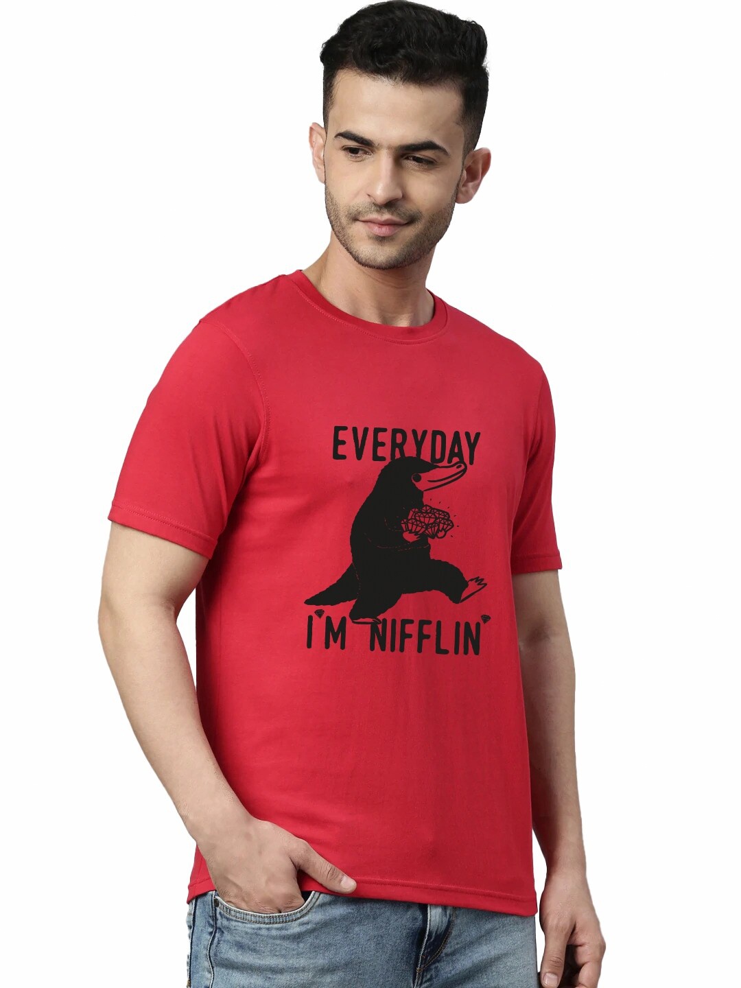 

Planet Superheroes Men Red Typography Printed Applique T-shirt