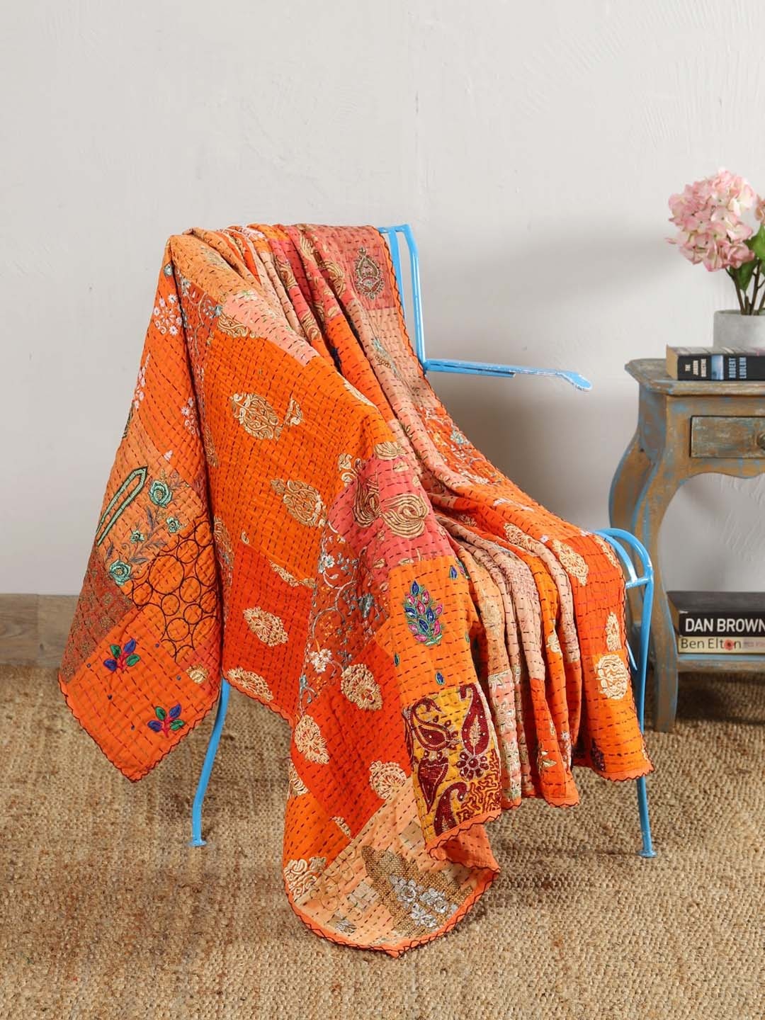 

HANDICRAFT PALACE Orange & Gold-Coloured Embroidery Cotton Blanket Throws