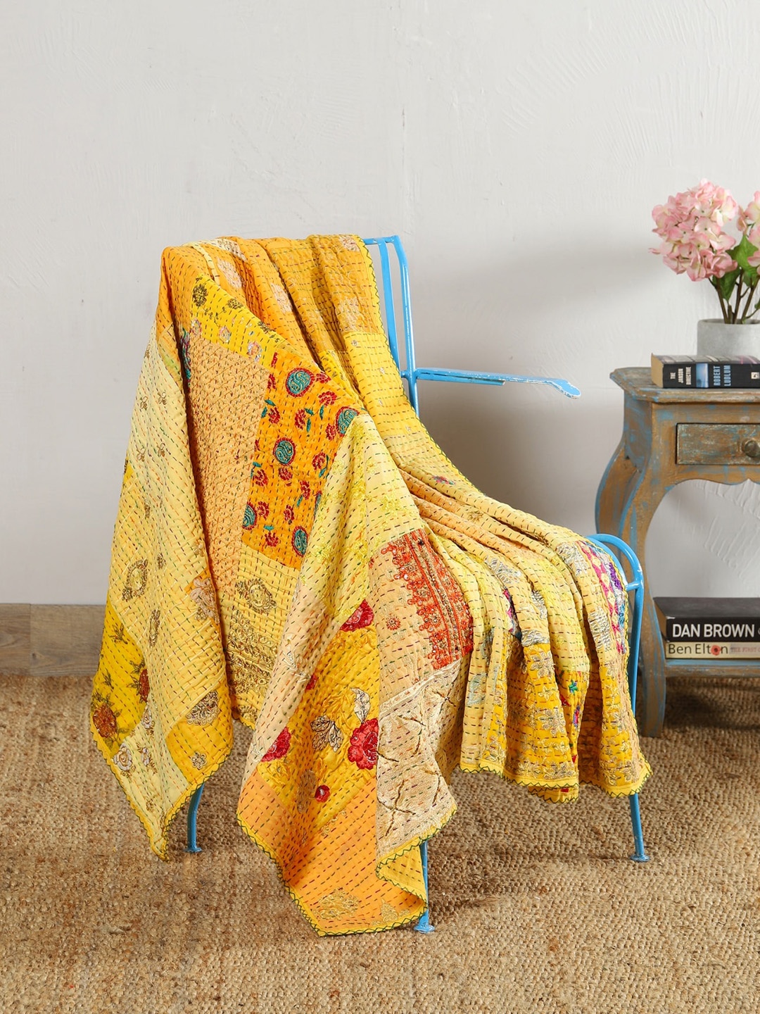 

HANDICRAFT PALACE Yellow & Orange Embroidered Kantha Patchwork Cotton Blanket Throw