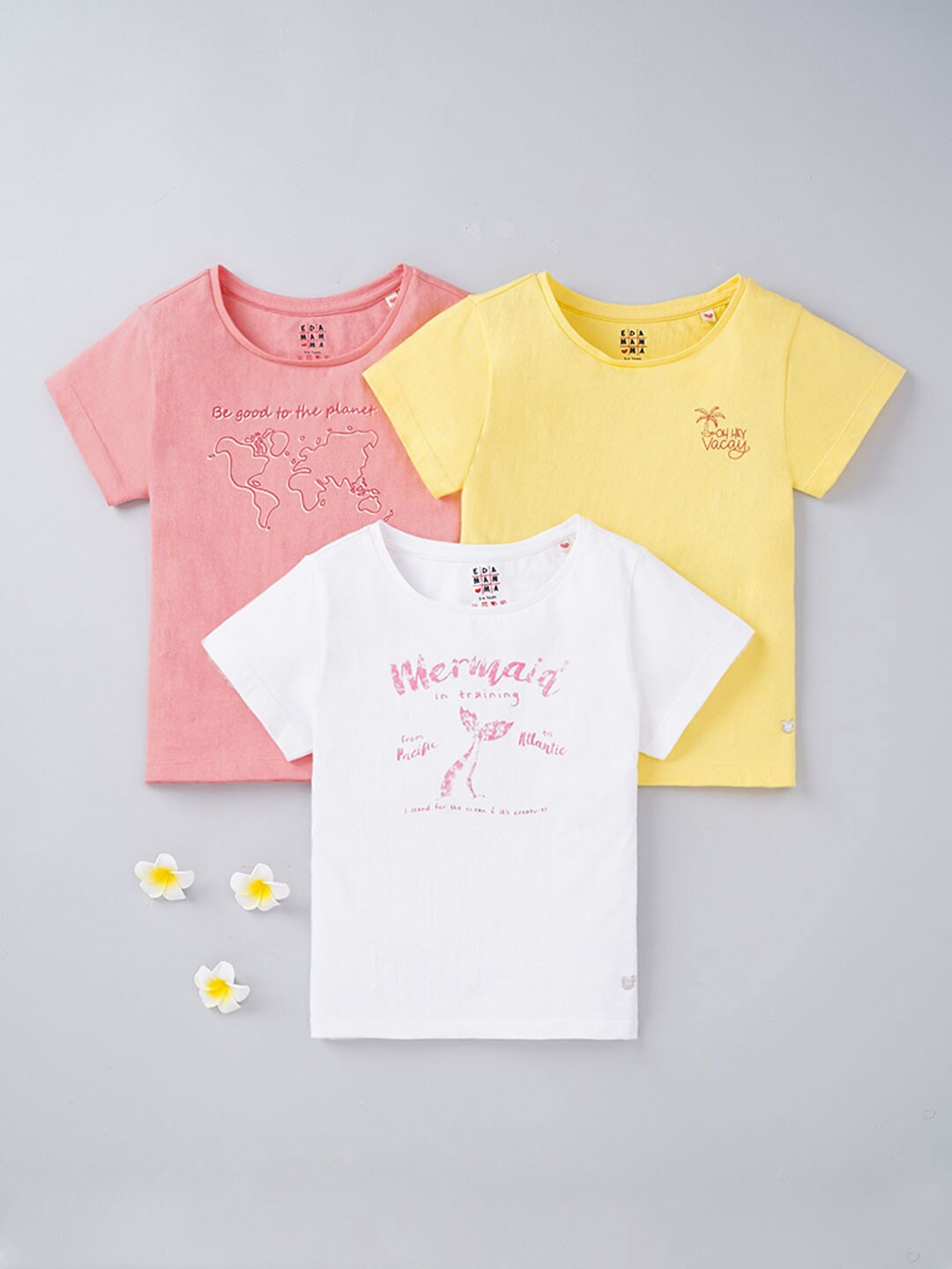 

Ed-a-Mamma Girls Multicoloured Typography 3 Printed V-Neck Applique T-shirt, Multi